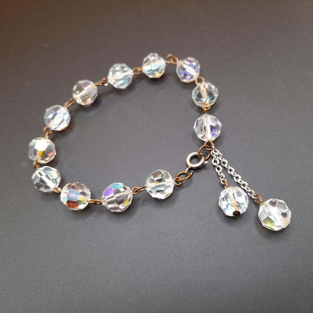 Vintage Aurora Borealis Crystal Bead Bracelet Tassel Dangles